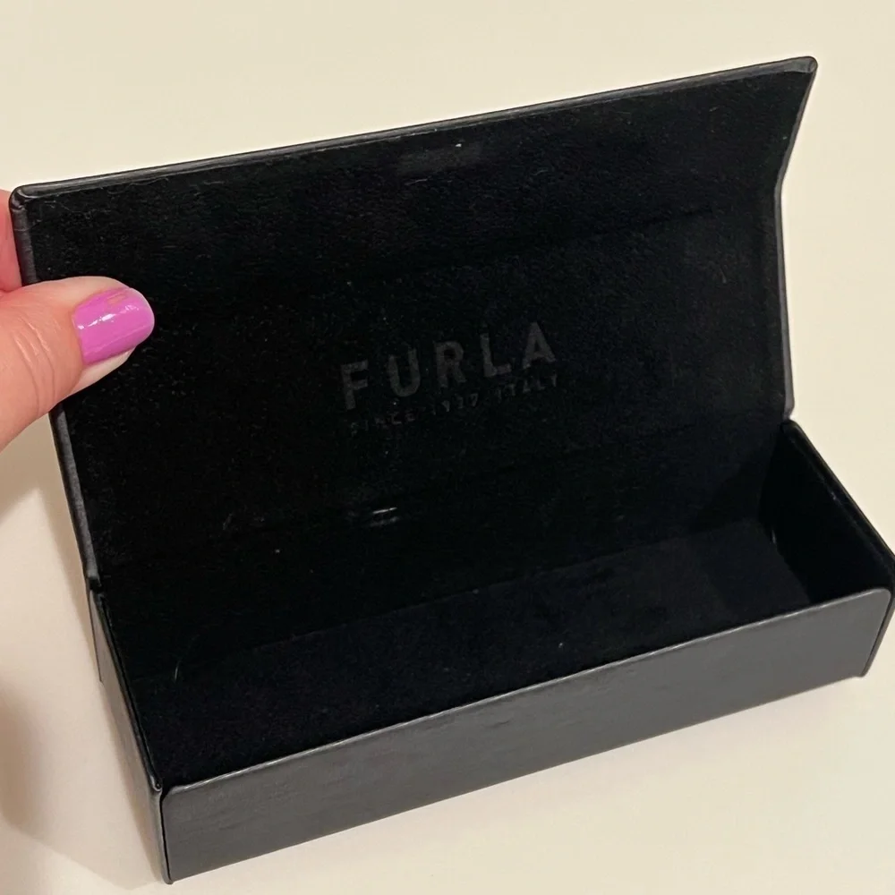 Furla authentic glasses case, hard shell, black, velour interior 6”x1.5”x2”